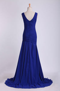 2024 V Neck Pleated Bodice Column Sweep Train Prom Dress With Beads