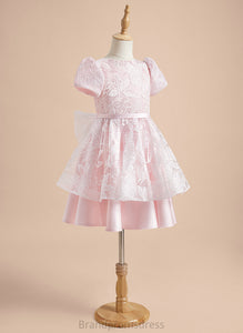 A-Line - Short Flower Girl Dresses Flower Scoop Satin/Tulle Dress Knee-length With Jacey Neck Sleeves Girl Lace/Sequins/Bow(s)