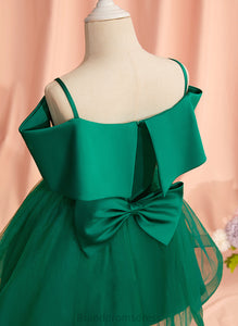 With Knee-length Girl Off-the-Shoulder Satin/Tulle Sleeveless Dress Flower A-Line Bow(s) Flower Girl Dresses - Justine