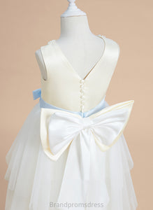 Flower Girl Dresses Rachel Satin/Tulle A-Line Sash/Beading/Bow(s) Sleeveless Tea-length - With Flower Scoop Dress Girl Neck