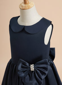 Knee-length Camryn Beading/Bow(s) Peter Girl Collar Flower Pan - Dress Satin With A-Line Flower Girl Dresses Sleeveless