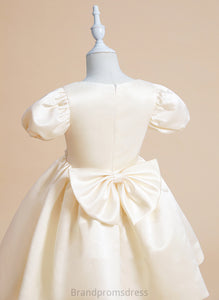 Satin Sleeves Short V-neck Flower Flower Girl Dresses Ball-Gown/Princess Haylee Girl With - Dress Beading/Bow(s) Knee-length