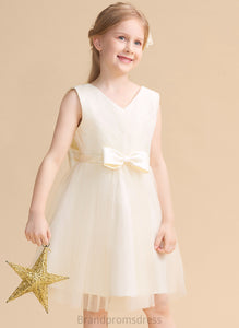 With V-neck A-Line Dress Knee-length Sleeveless Flower Tulle Girl Bow(s) - Adalyn Flower Girl Dresses