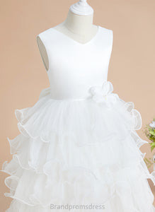 Flower Girl Dresses V-neck With Girl Flower Bow(s) Tea-length Satin/Tulle - Ball-Gown/Princess Katie Sleeveless Dress