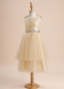 A-Line Flower Girl Dresses With Zion Satin/Tulle Knee-length Beading/Sequins/Bow(s) Flower Dress Sleeveless Girl Neck - Scoop