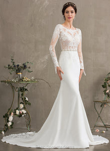 Scoop Trumpet/Mermaid Jakayla Crepe Neck Beading Dress With Lace Train Wedding Dresses Sequins Wedding Stretch Chapel