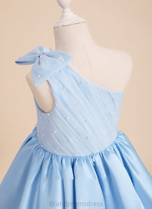 Flower Girl Dresses Knee-length Serena Sleeveless With A-Line - Flower Girl Beading/Bow(s) Satin/Tulle Dress One-Shoulder