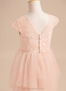 Flower Girl Dresses Flower - Dress Knee-length Girl Sleeves Back Scoop Short Neck Lace/V A-Line With Moriah Tulle