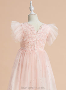 Sleeveless Knee-length Flower Lace Dress Neck Scoop A-Line With Nathaly - Flower Girl Dresses Girl Satin/Tulle