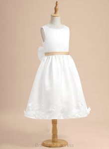 Alina A-Line Sleeveless Tea-length - Neck Satin Sash/Beading/Flower(s)/Bow(s) Flower Flower Girl Dresses Girl With Scoop Dress