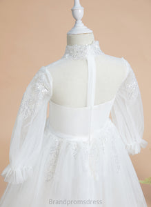 Dress Long Tulle A-Line - High Knee-length Flower Girl Dresses Sequins Sleeves With Flower Marley Neck Girl