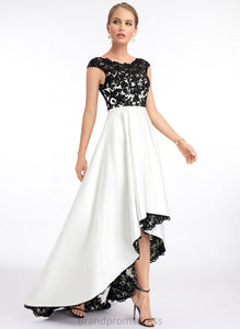 Satin Asymmetrical Lace A-Line Riya Illusion Scoop Prom Dresses