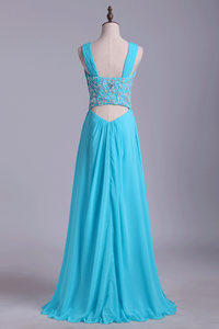 2024 Straps A Line Prom Dresses Chiffon With Applique & Ruffles Floor Length