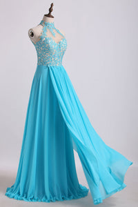 2024 High Neck A Line Prom Dresses With Applique&Beads Chiffon