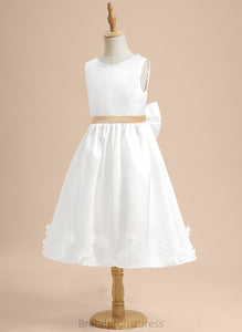 Alina A-Line Sleeveless Tea-length - Neck Satin Sash/Beading/Flower(s)/Bow(s) Flower Flower Girl Dresses Girl With Scoop Dress