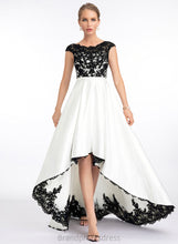 Load image into Gallery viewer, Satin Asymmetrical Lace A-Line Riya Illusion Scoop Prom Dresses