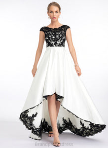 Satin Asymmetrical Lace A-Line Riya Illusion Scoop Prom Dresses