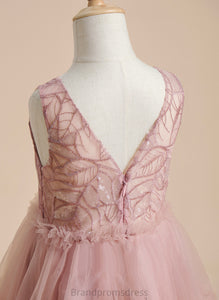 Tulle Scoop Flower Girl Dresses Amya Sequins/Pleated/V Girl Sleeveless With Flower - Back Dress Knee-length A-Line Neck