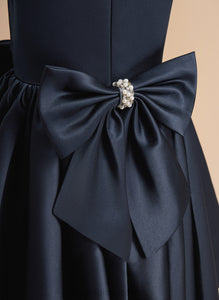 Knee-length Camryn Beading/Bow(s) Peter Girl Collar Flower Pan - Dress Satin With A-Line Flower Girl Dresses Sleeveless