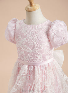 A-Line - Short Flower Girl Dresses Flower Scoop Satin/Tulle Dress Knee-length With Jacey Neck Sleeves Girl Lace/Sequins/Bow(s)