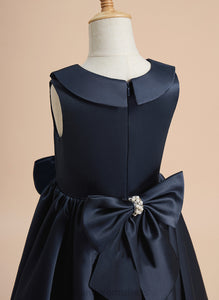 Knee-length Camryn Beading/Bow(s) Peter Girl Collar Flower Pan - Dress Satin With A-Line Flower Girl Dresses Sleeveless