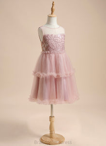 Tulle Scoop Flower Girl Dresses Amya Sequins/Pleated/V Girl Sleeveless With Flower - Back Dress Knee-length A-Line Neck