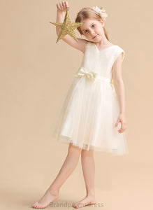 With V-neck A-Line Dress Knee-length Sleeveless Flower Tulle Girl Bow(s) - Adalyn Flower Girl Dresses