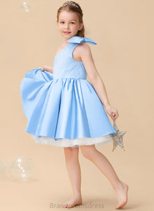 Flower Girl Dresses Knee-length Serena Sleeveless With A-Line - Flower Girl Beading/Bow(s) Satin/Tulle Dress One-Shoulder