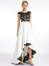 Load image into Gallery viewer, Satin Asymmetrical Lace A-Line Riya Illusion Scoop Prom Dresses