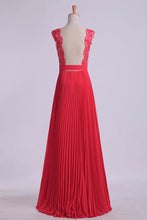 Load image into Gallery viewer, 2024 V Neck Prom Dress Appliqued Bodice Ruched Waistband Flowing Chiffon Skirt
