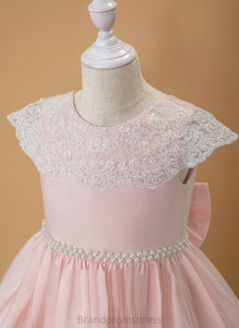 Neck Flower Girl Dresses Flower Ball-Gown/Princess Maggie Scoop Sleeveless Beading/Bow(s) With Knee-length Satin/Lace Dress - Girl