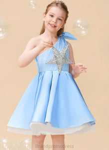 Flower Girl Dresses Knee-length Serena Sleeveless With A-Line - Flower Girl Beading/Bow(s) Satin/Tulle Dress One-Shoulder