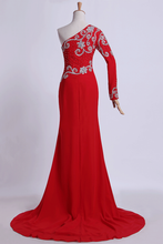 Load image into Gallery viewer, 2024 Long Dress One Sleeve Beaded Bodice Sheath/Column With Chiffon Skirt