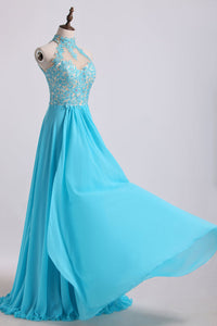 2024 High Neck A Line Prom Dresses With Applique&Beads Chiffon