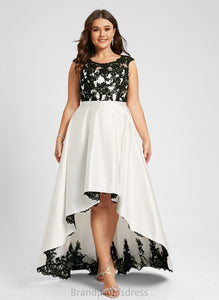 Satin Asymmetrical Lace A-Line Riya Illusion Scoop Prom Dresses