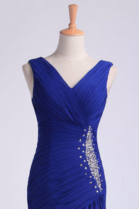 2024 V Neck Pleated Bodice Column Sweep Train Prom Dress With Beads