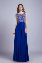 Load image into Gallery viewer, 2024 Prom Dresses A-Line Scoop Floor-Length Dark Royal Blue Chiffon Beaded Bodice