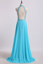 Load image into Gallery viewer, 2024 High Neck A Line Prom Dresses With Applique&amp;Beads Chiffon