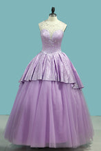 Load image into Gallery viewer, 2024 Scoop Ball Gown Quinceanera Dresses Tulle &amp; Satin With Beads Open Back