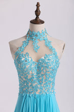 Load image into Gallery viewer, 2024 High Neck A Line Prom Dresses With Applique&amp;Beads Chiffon