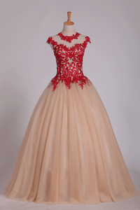 2024 Quinceanera Dresses High Neck Ball Gown Tulle With Applique Sweep Train