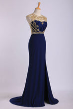 Load image into Gallery viewer, 2024 Scoop Neckline Column Beaded Bodice Prom Dresses With Court Train &amp; Slit