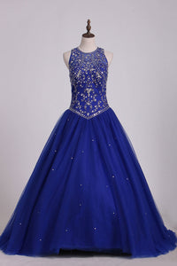 2024 Dark Royal Blue Scoop Quinceanera Dresses Ball Gown Tulle With Beading Court Train