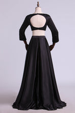 Load image into Gallery viewer, 2024 Two Pieces There Quarter Sleeves Prom Dresses Bateau Satin Backless Floor Length