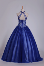 Load image into Gallery viewer, 2024 Dark Royal Blue Halter Quinceanera Dresses Ball Gown Tulle With Beads &amp; Rhinestones